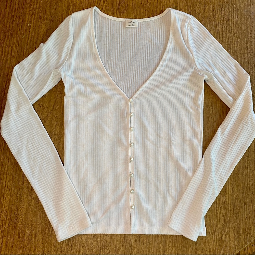 Aritzia Wilfred Button Down Ribbed White Long Sleeve Top XXS